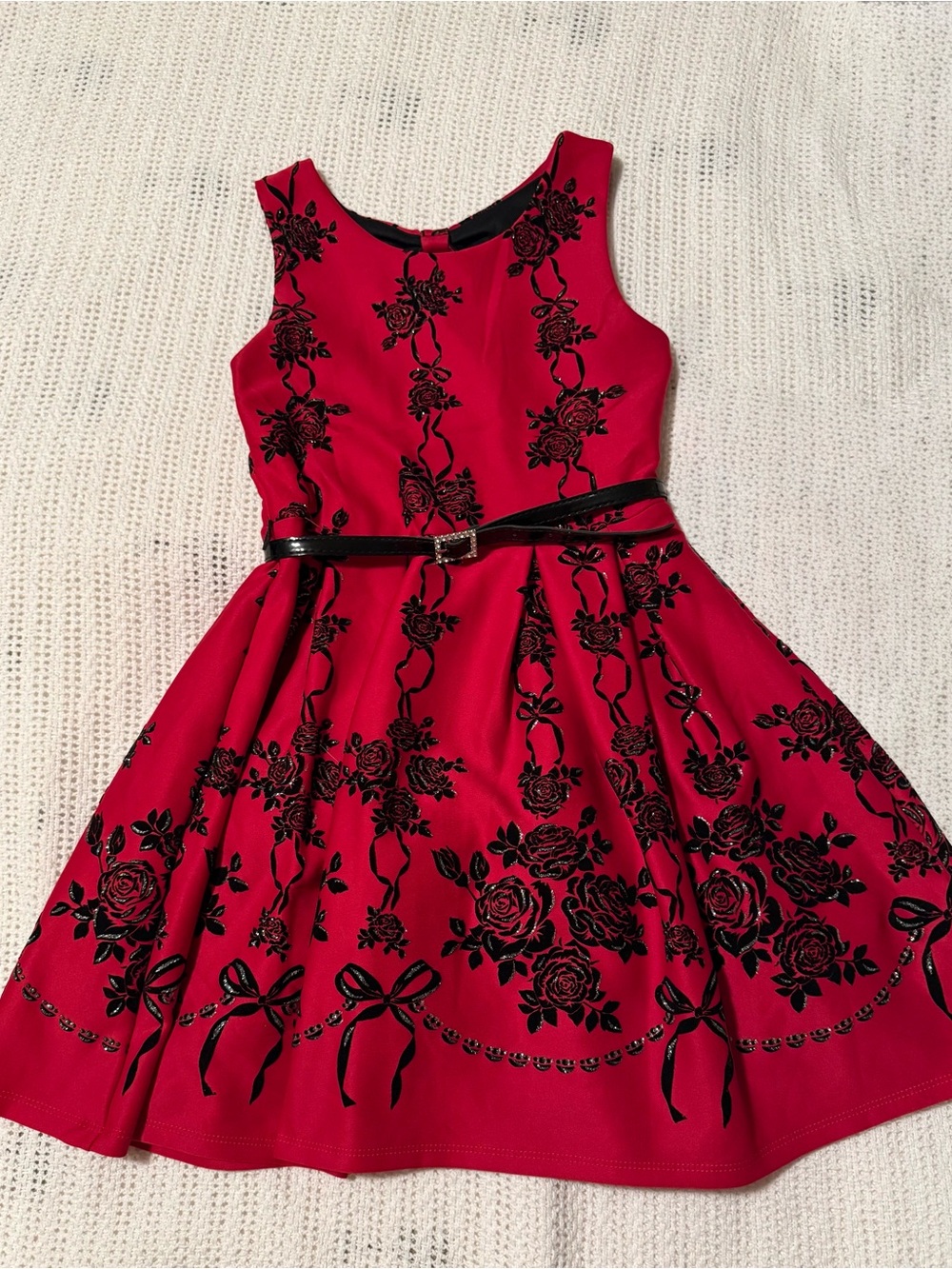 Knit Works Girls Red Dress with Black Floral Velvet Print and Belt